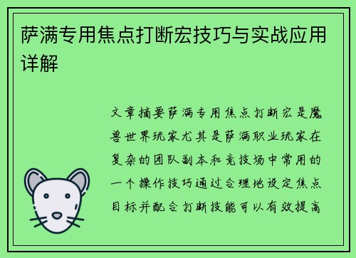 萨满专用焦点打断宏技巧与实战应用详解